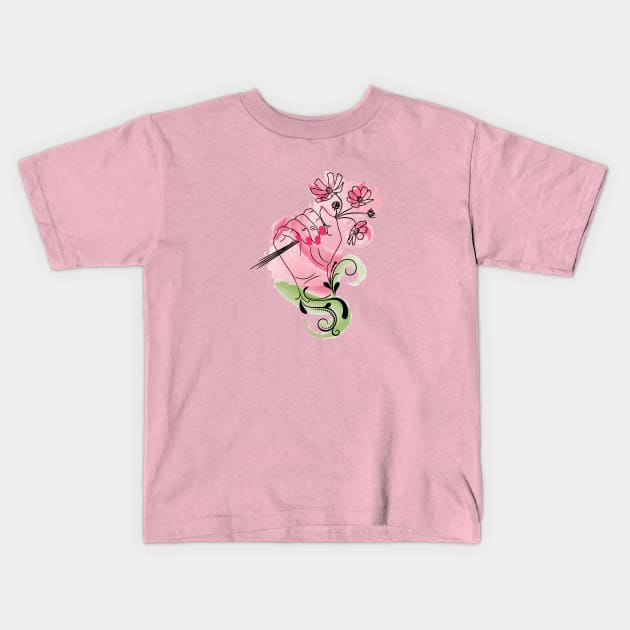 Female hand hold flowers Kids T-Shirt by AnnArtshock